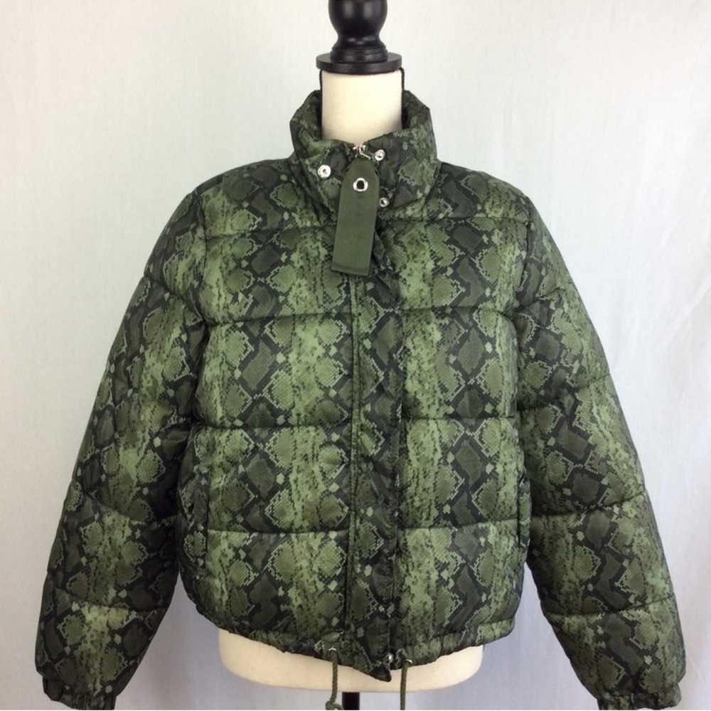 Ashley By 26 International Olive Green and Black Snake Print Puffer Jacket